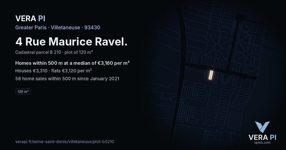 4 Rue Maurice Ravel, Villetaneuse at night – the plot lit, the parcels around coloured by the prices near them