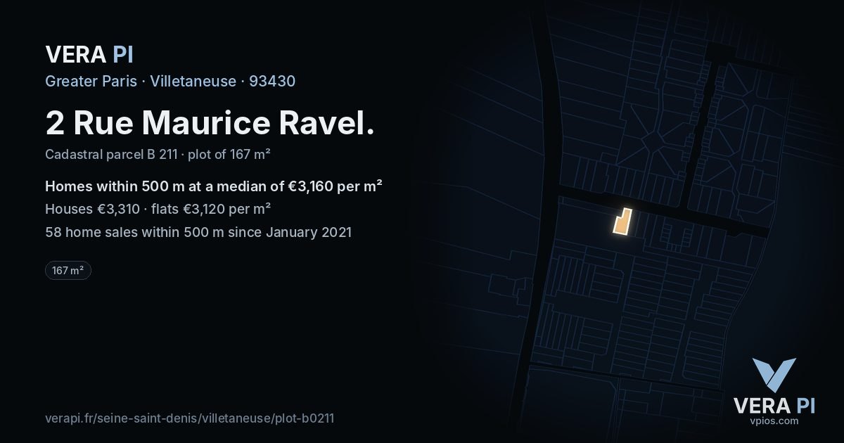 2 Rue Maurice Ravel, Villetaneuse at night – the plot lit, the parcels around coloured by the prices near them