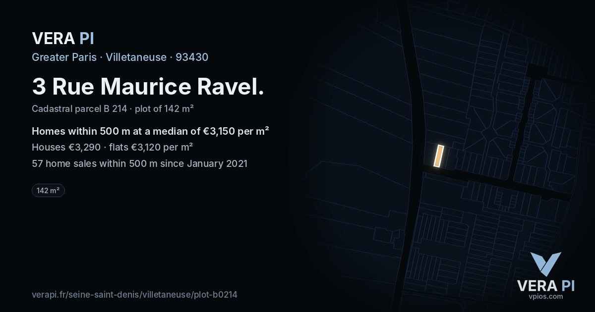 3 Rue Maurice Ravel, Villetaneuse at night – the plot lit, the parcels around coloured by the prices near them