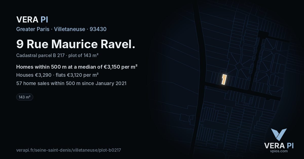 9 Rue Maurice Ravel, Villetaneuse at night – the plot lit, the parcels around coloured by the prices near them