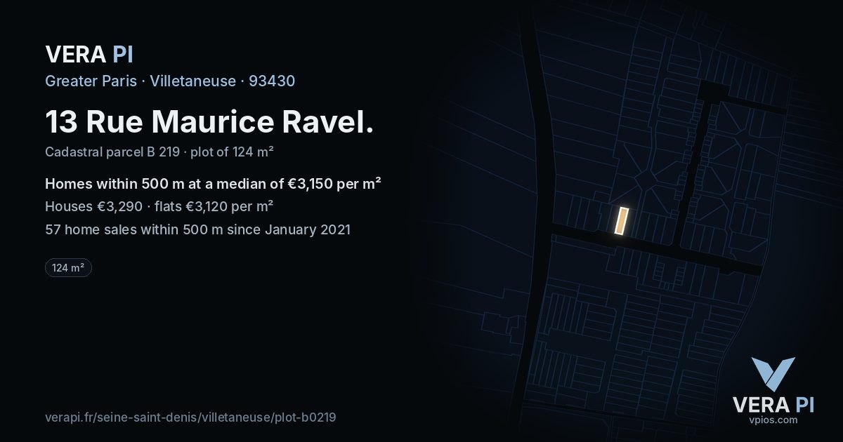 13 Rue Maurice Ravel, Villetaneuse at night – the plot lit, the parcels around coloured by the prices near them