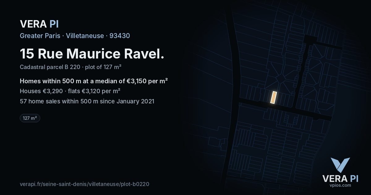 15 Rue Maurice Ravel, Villetaneuse at night – the plot lit, the parcels around coloured by the prices near them