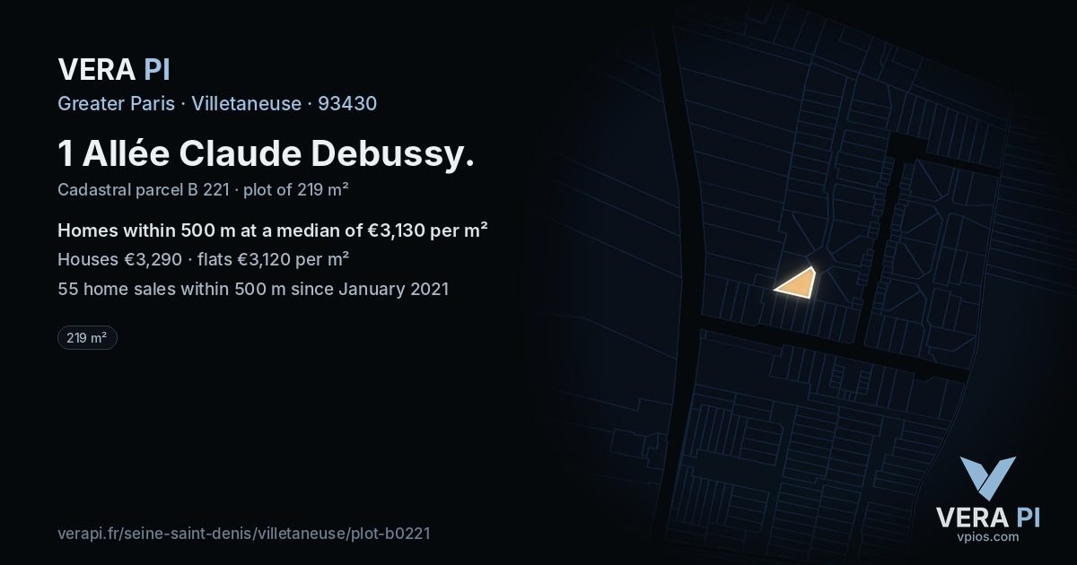 1 Allée Claude Debussy, Villetaneuse at night – the plot lit, the parcels around coloured by the prices near them