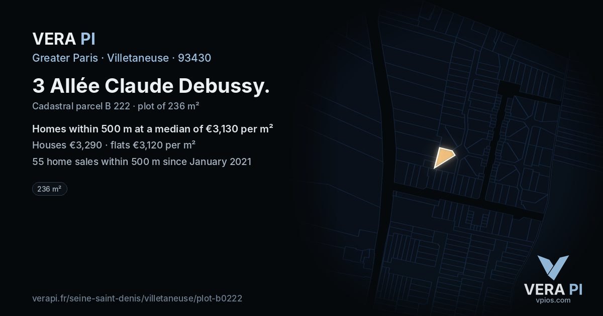 3 Allée Claude Debussy, Villetaneuse at night – the plot lit, the parcels around coloured by the prices near them