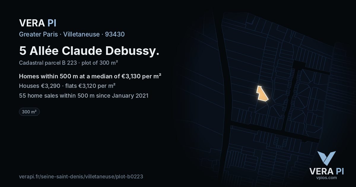 5 Allée Claude Debussy, Villetaneuse at night – the plot lit, the parcels around coloured by the prices near them
