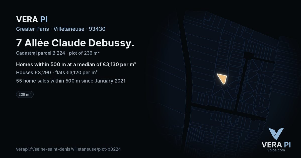 7 Allée Claude Debussy, Villetaneuse at night – the plot lit, the parcels around coloured by the prices near them