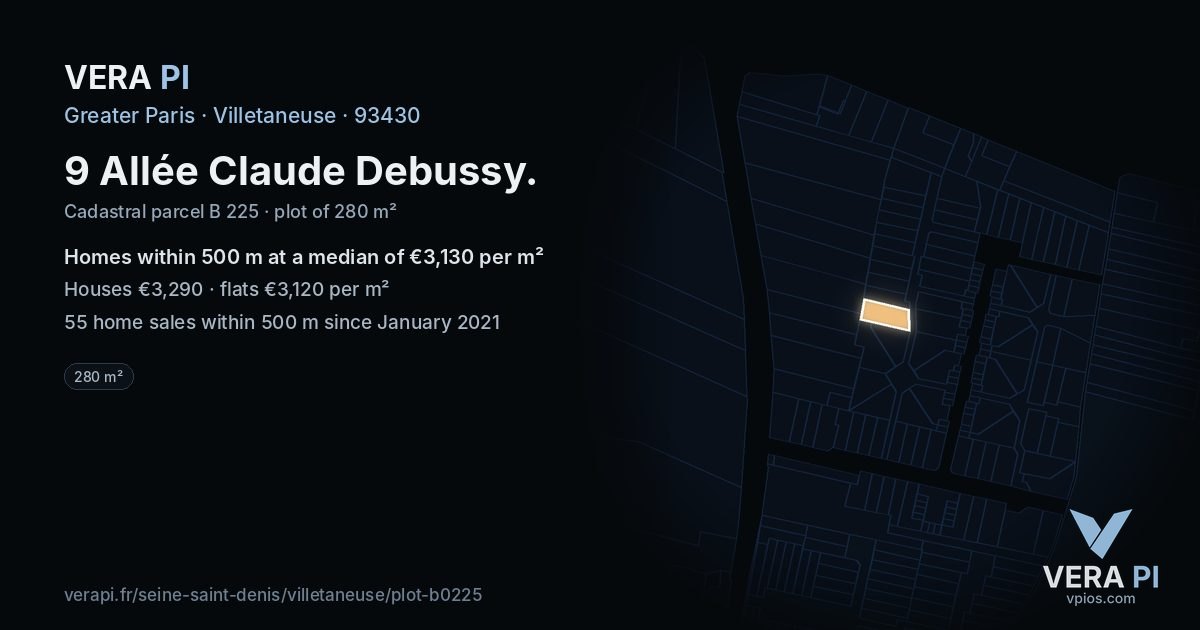 9 Allée Claude Debussy, Villetaneuse at night – the plot lit, the parcels around coloured by the prices near them