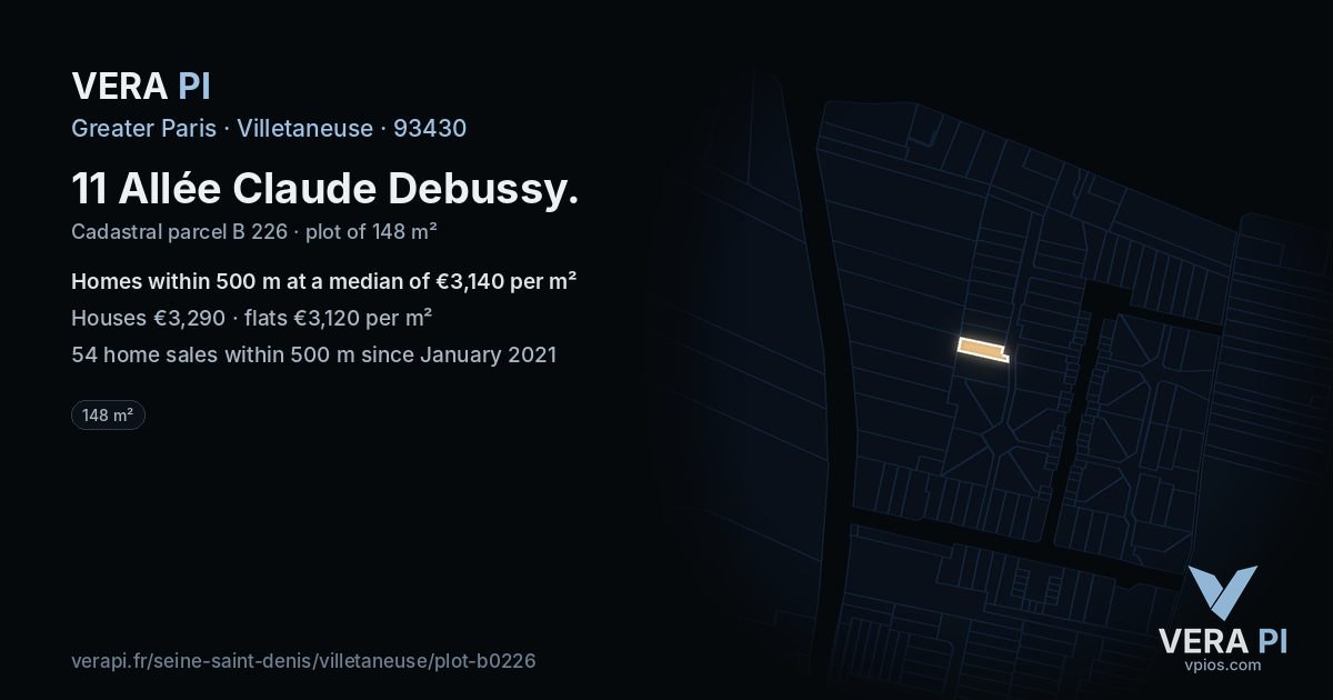 11 Allée Claude Debussy, Villetaneuse at night – the plot lit, the parcels around coloured by the prices near them