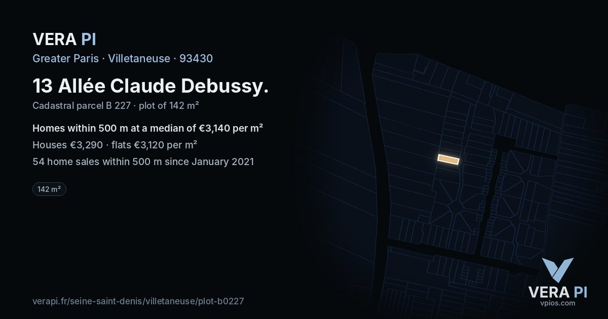 13 Allée Claude Debussy, Villetaneuse at night – the plot lit, the parcels around coloured by the prices near them