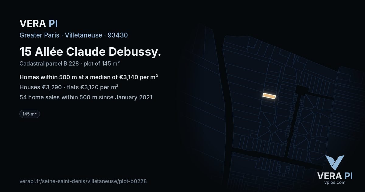 15 Allée Claude Debussy, Villetaneuse at night – the plot lit, the parcels around coloured by the prices near them