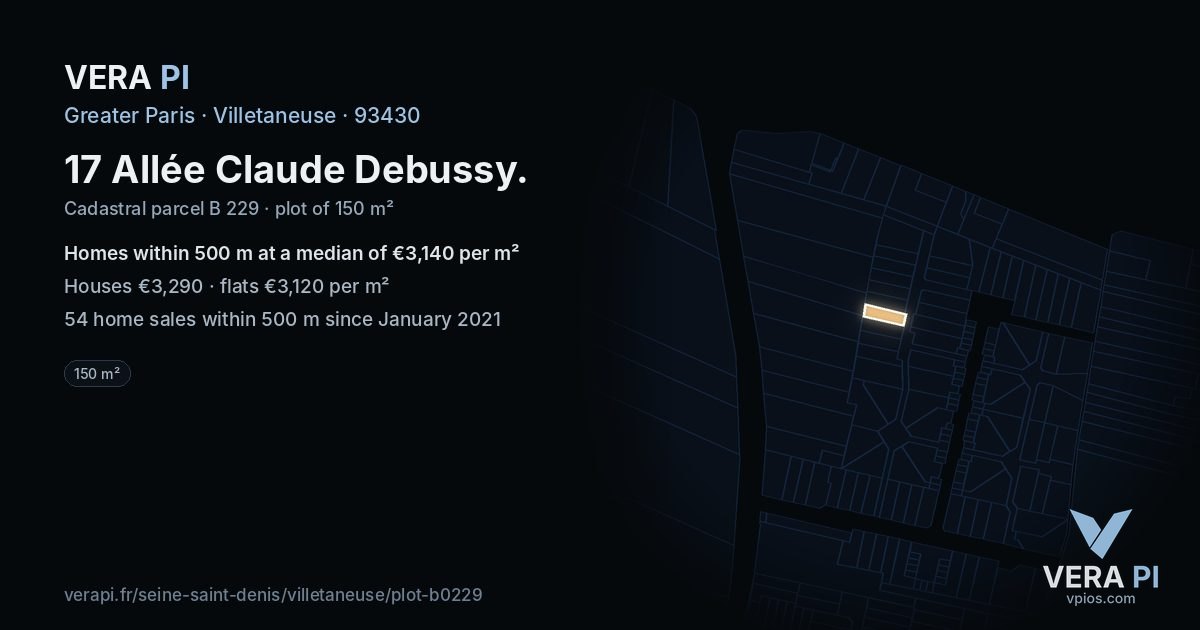 17 Allée Claude Debussy, Villetaneuse at night – the plot lit, the parcels around coloured by the prices near them