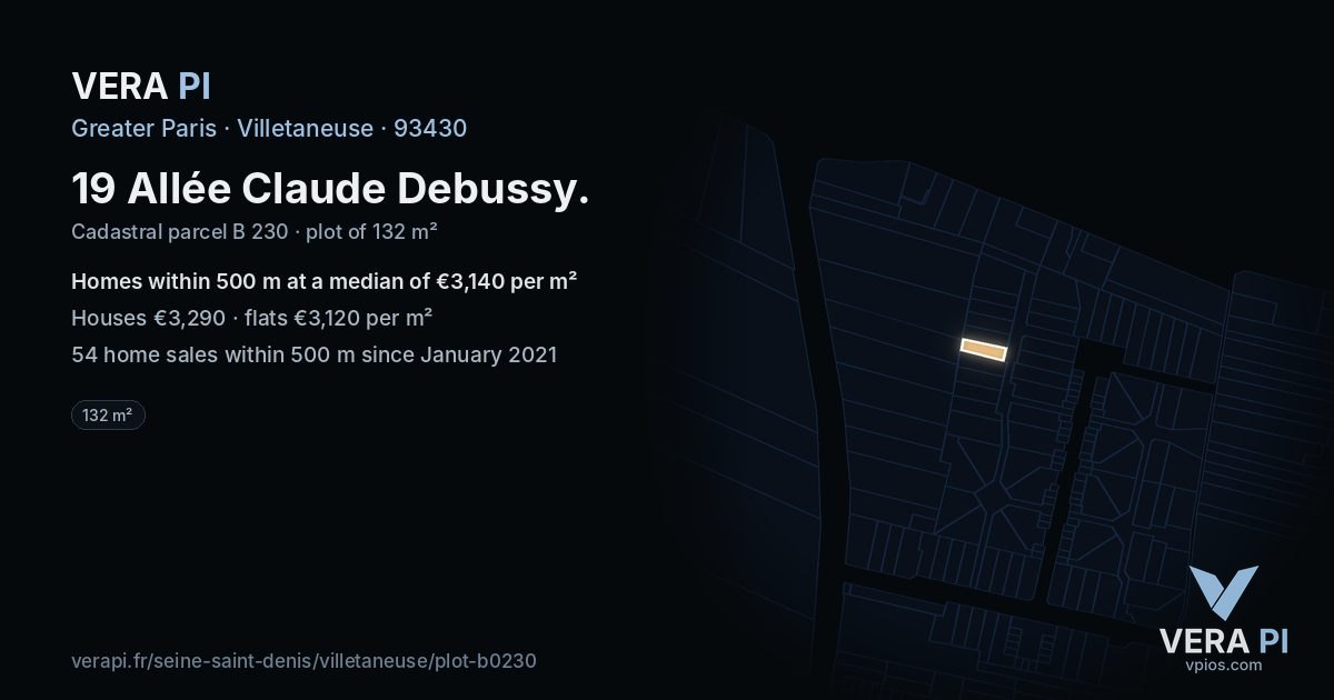 19 Allée Claude Debussy, Villetaneuse at night – the plot lit, the parcels around coloured by the prices near them