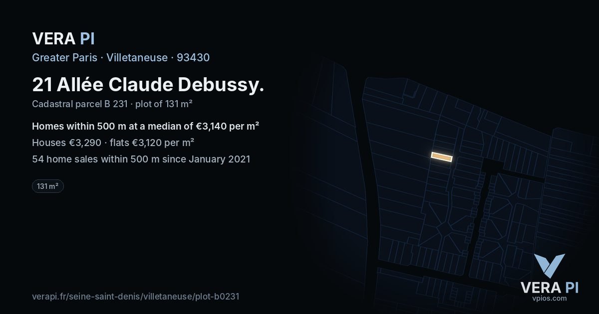 21 Allée Claude Debussy, Villetaneuse at night – the plot lit, the parcels around coloured by the prices near them