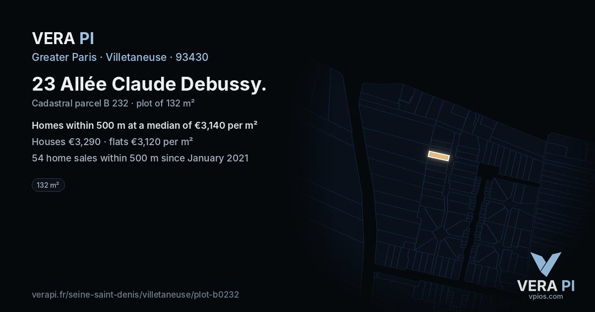 23 Allée Claude Debussy, Villetaneuse at night – the plot lit, the parcels around coloured by the prices near them