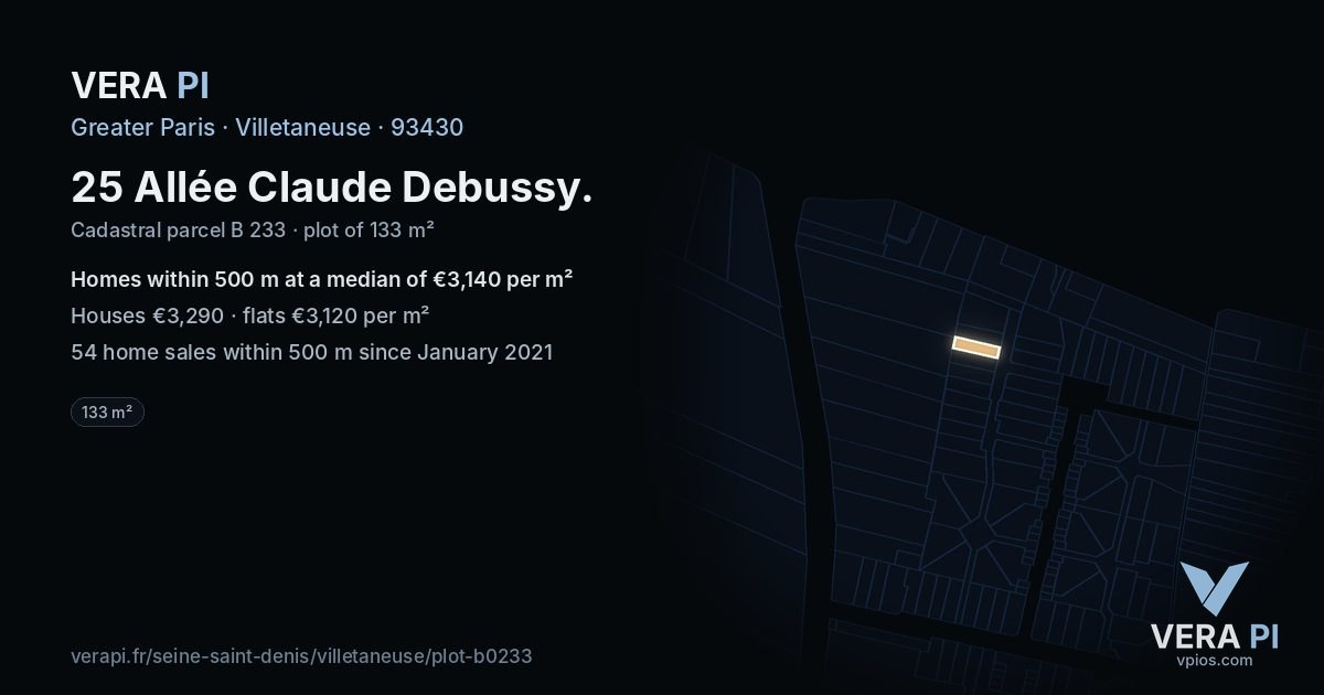 25 Allée Claude Debussy, Villetaneuse at night – the plot lit, the parcels around coloured by the prices near them