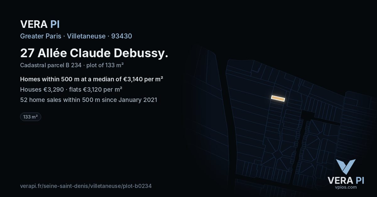 27 Allée Claude Debussy, Villetaneuse at night – the plot lit, the parcels around coloured by the prices near them