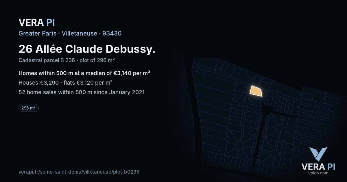26 Allée Claude Debussy, Villetaneuse at night – the plot lit, the parcels around coloured by the prices near them