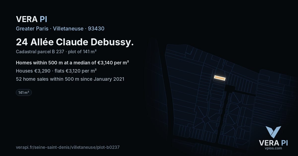 24 Allée Claude Debussy, Villetaneuse at night – the plot lit, the parcels around coloured by the prices near them