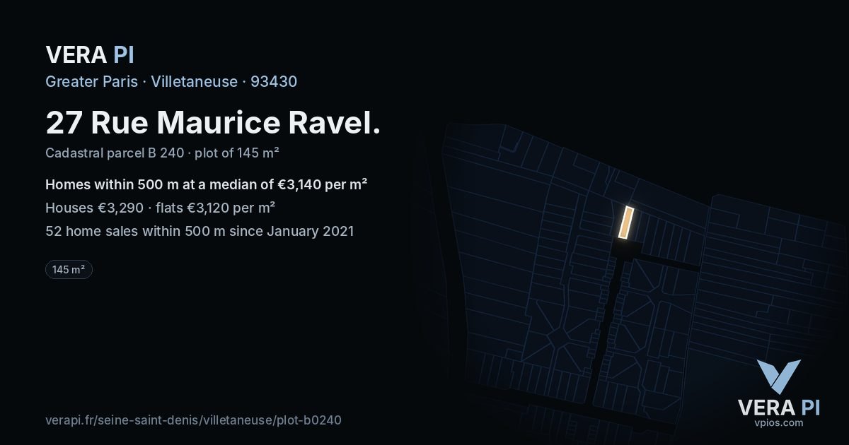 27 Rue Maurice Ravel, Villetaneuse at night – the plot lit, the parcels around coloured by the prices near them