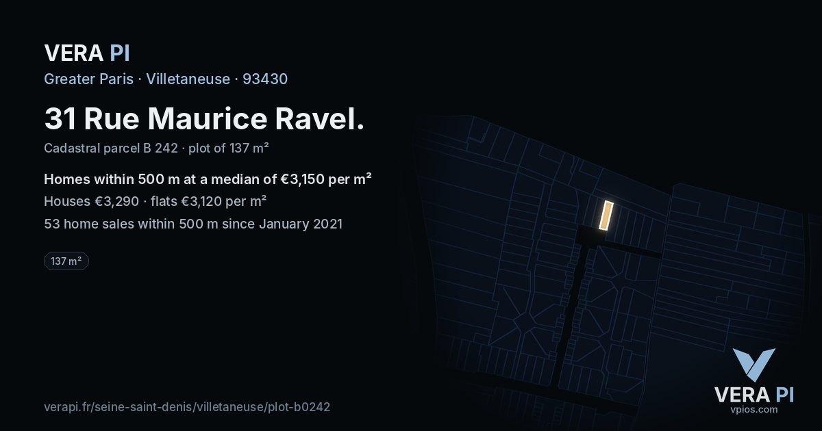 31 Rue Maurice Ravel, Villetaneuse at night – the plot lit, the parcels around coloured by the prices near them