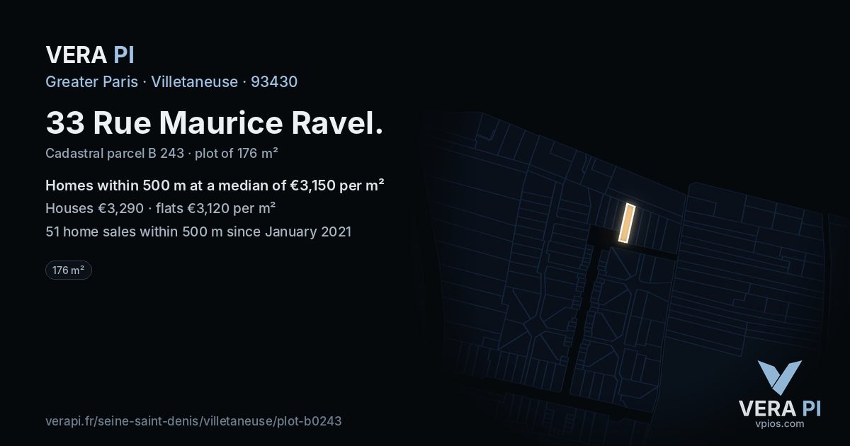 33 Rue Maurice Ravel, Villetaneuse at night – the plot lit, the parcels around coloured by the prices near them