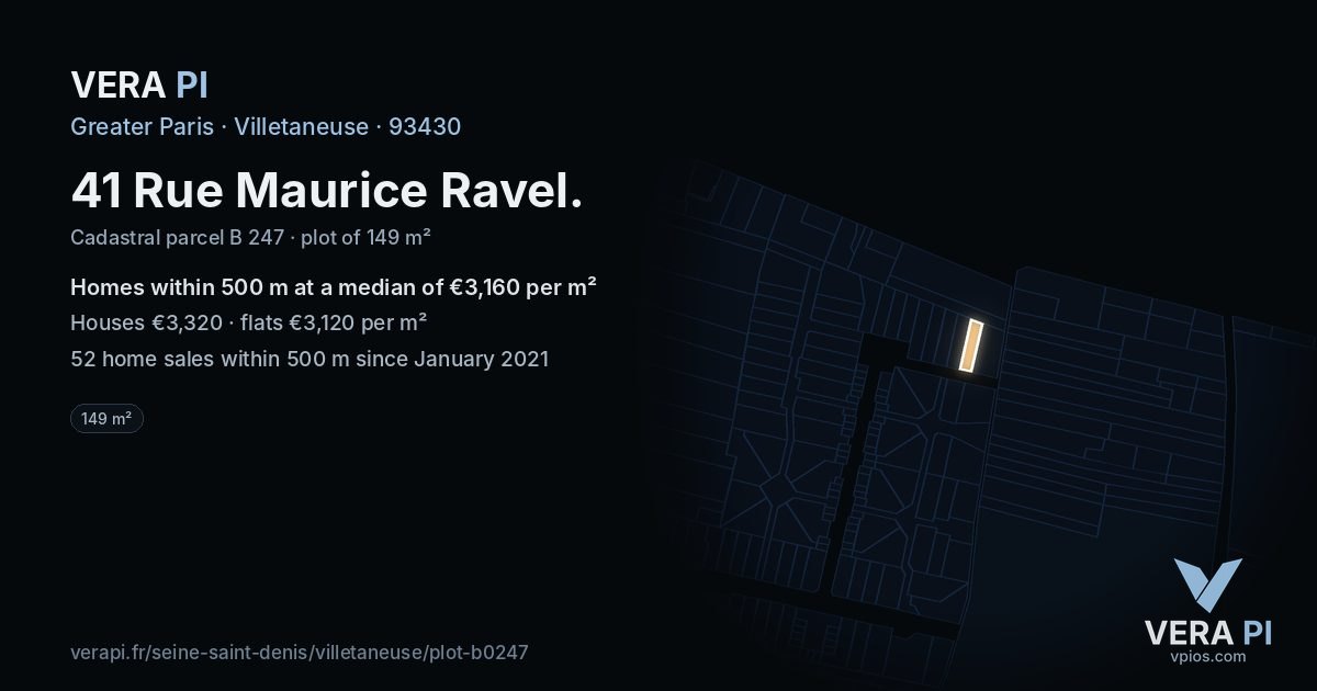 41 Rue Maurice Ravel, Villetaneuse at night – the plot lit, the parcels around coloured by the prices near them