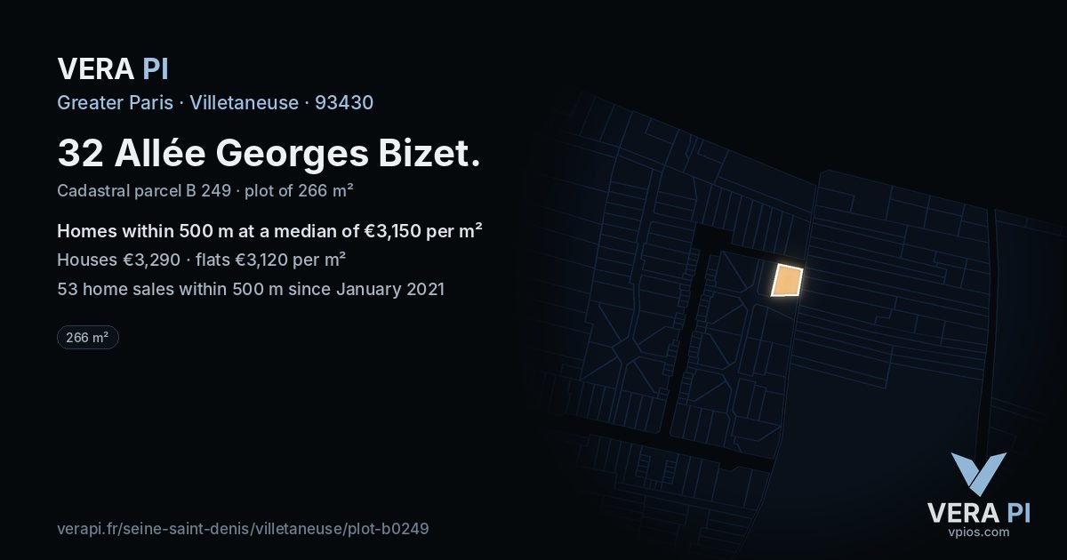 32 Allée Georges Bizet, Villetaneuse at night – the plot lit, the parcels around coloured by the prices near them