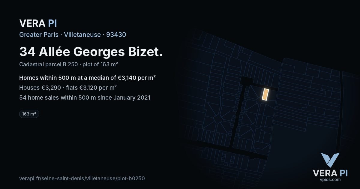 34 Allée Georges Bizet, Villetaneuse at night – the plot lit, the parcels around coloured by the prices near them