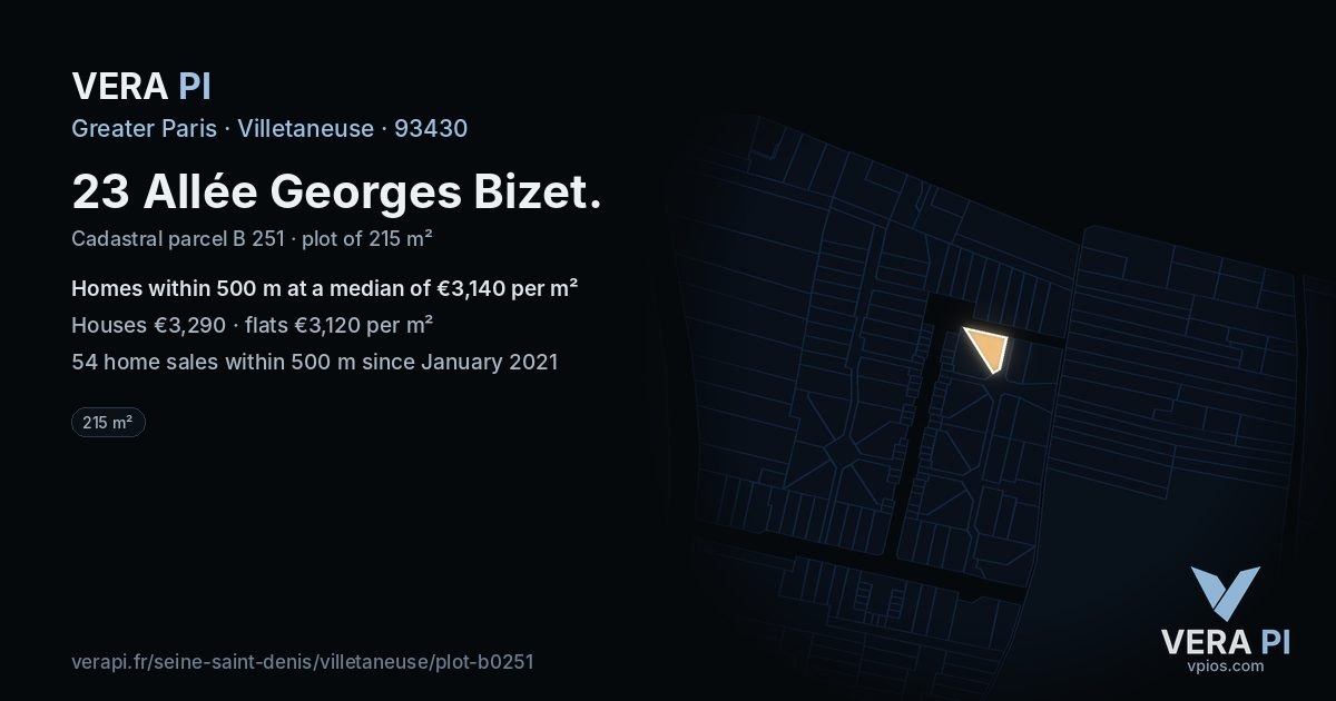 23 Allée Georges Bizet, Villetaneuse at night – the plot lit, the parcels around coloured by the prices near them