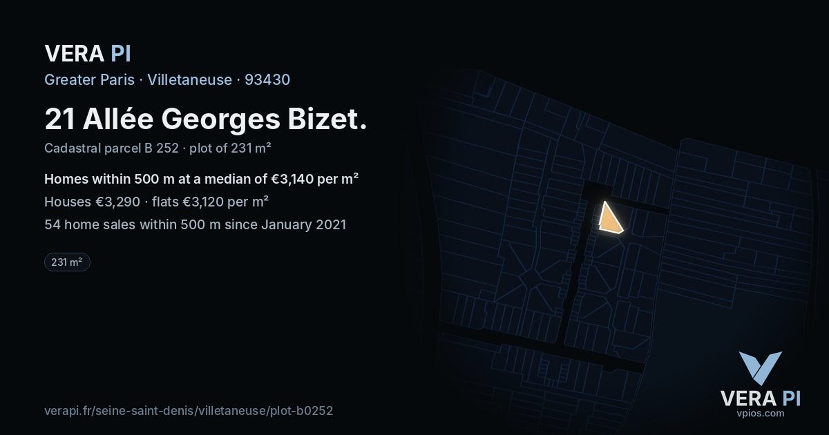 21 Allée Georges Bizet, Villetaneuse at night – the plot lit, the parcels around coloured by the prices near them