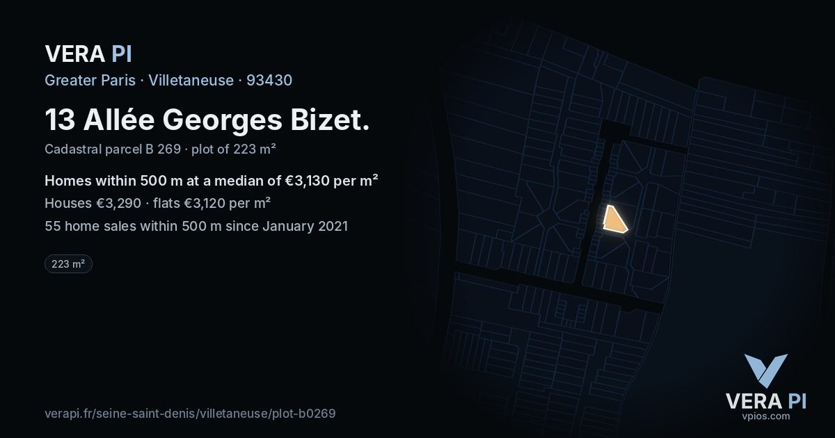 13 Allée Georges Bizet, Villetaneuse at night – the plot lit, the parcels around coloured by the prices near them