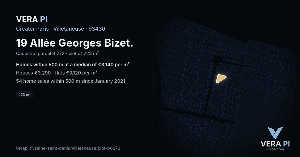 19 Allée Georges Bizet, Villetaneuse at night – the plot lit, the parcels around coloured by the prices near them