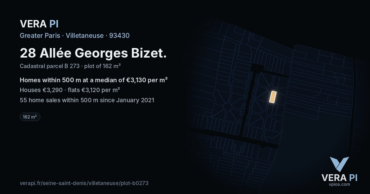 28 Allée Georges Bizet, Villetaneuse at night – the plot lit, the parcels around coloured by the prices near them