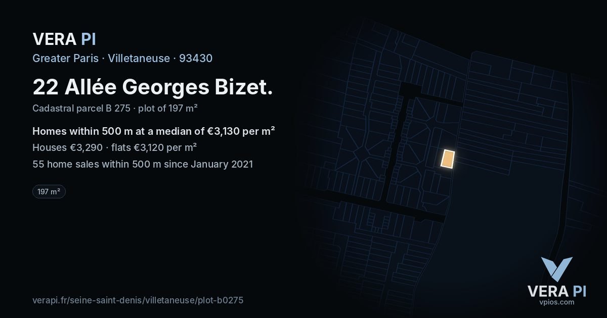 22 Allée Georges Bizet, Villetaneuse at night – the plot lit, the parcels around coloured by the prices near them