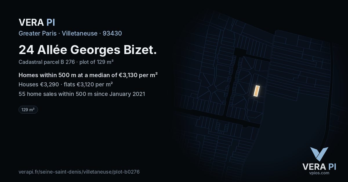 24 Allée Georges Bizet, Villetaneuse at night – the plot lit, the parcels around coloured by the prices near them