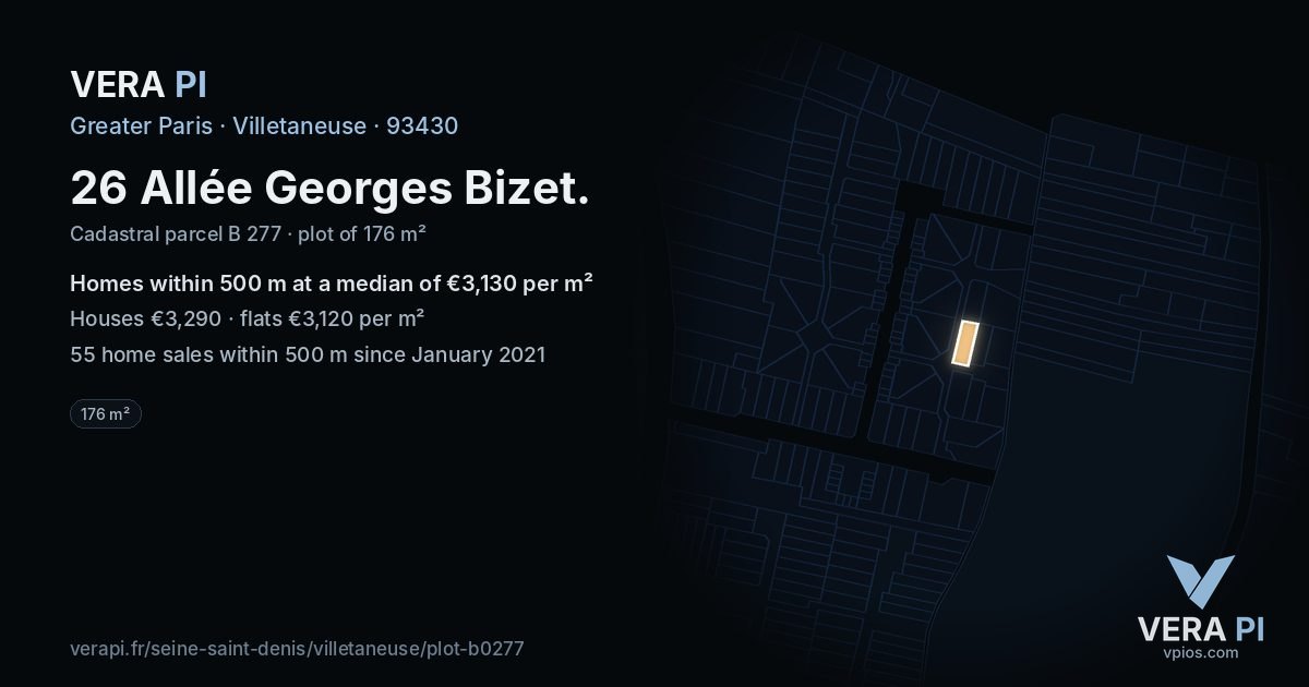26 Allée Georges Bizet, Villetaneuse at night – the plot lit, the parcels around coloured by the prices near them