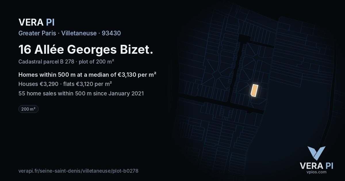 16 Allée Georges Bizet, Villetaneuse at night – the plot lit, the parcels around coloured by the prices near them