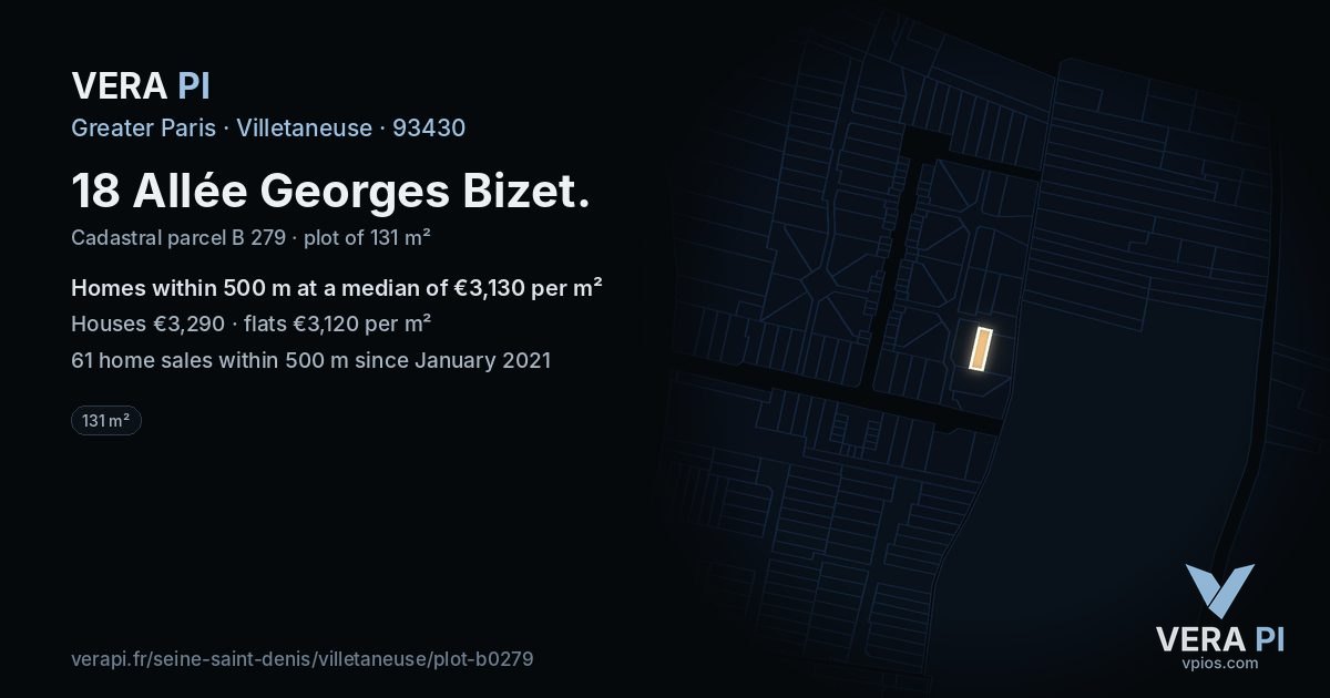 18 Allée Georges Bizet, Villetaneuse at night – the plot lit, the parcels around coloured by the prices near them
