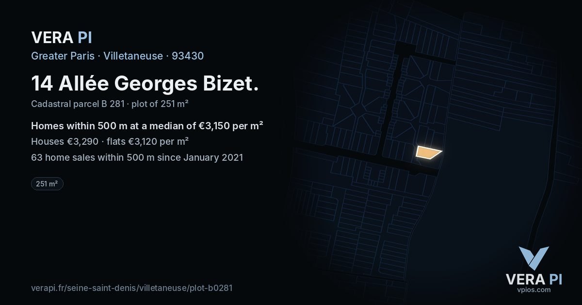 14 Allée Georges Bizet, Villetaneuse at night – the plot lit, the parcels around coloured by the prices near them
