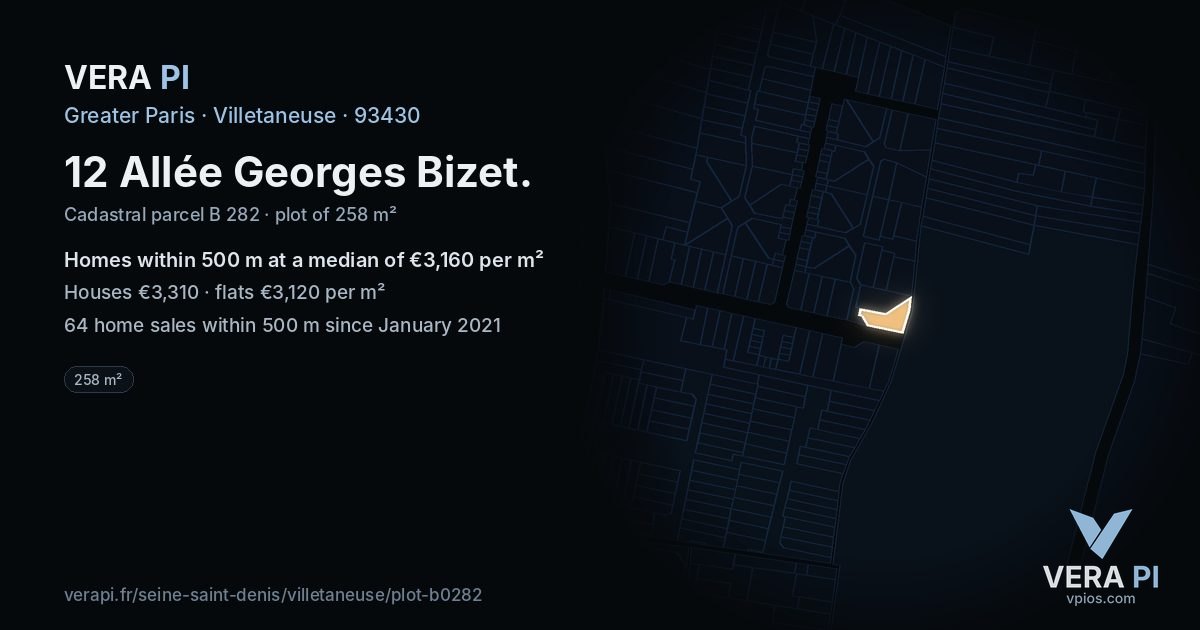 12 Allée Georges Bizet, Villetaneuse at night – the plot lit, the parcels around coloured by the prices near them