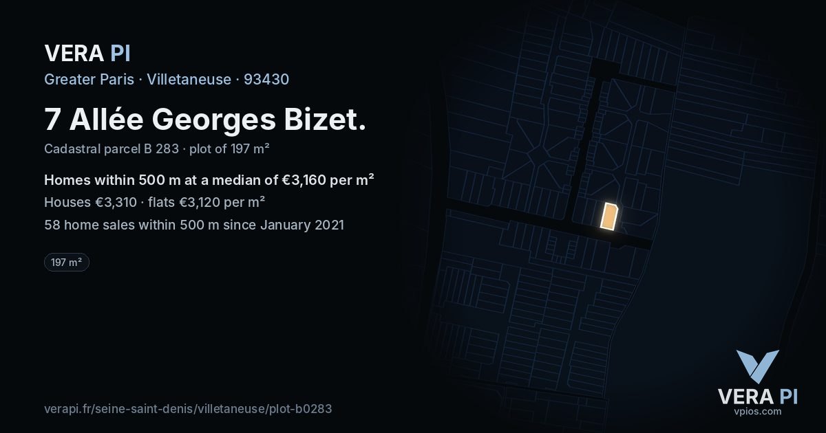 7 Allée Georges Bizet, Villetaneuse at night – the plot lit, the parcels around coloured by the prices near them