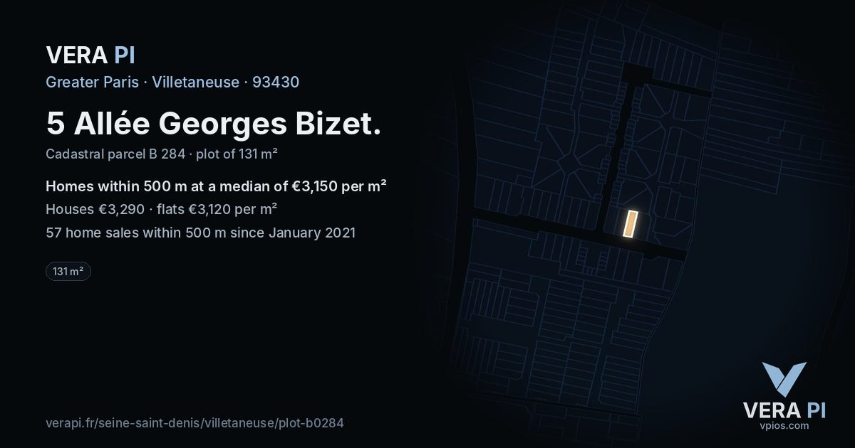 5 Allée Georges Bizet, Villetaneuse at night – the plot lit, the parcels around coloured by the prices near them
