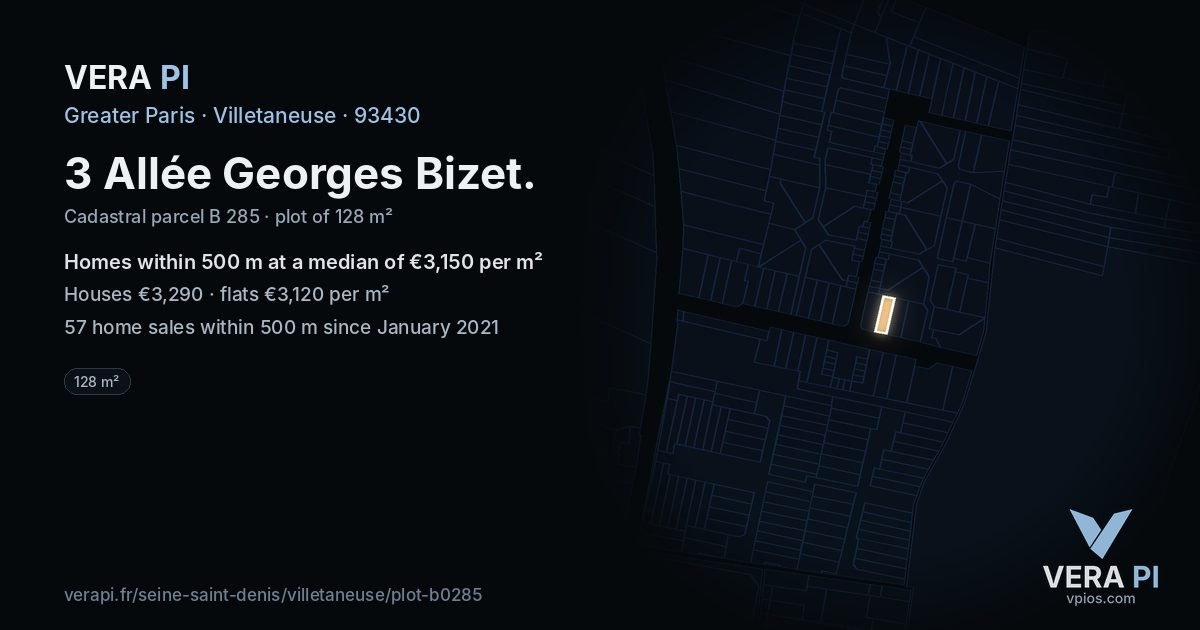 3 Allée Georges Bizet, Villetaneuse at night – the plot lit, the parcels around coloured by the prices near them