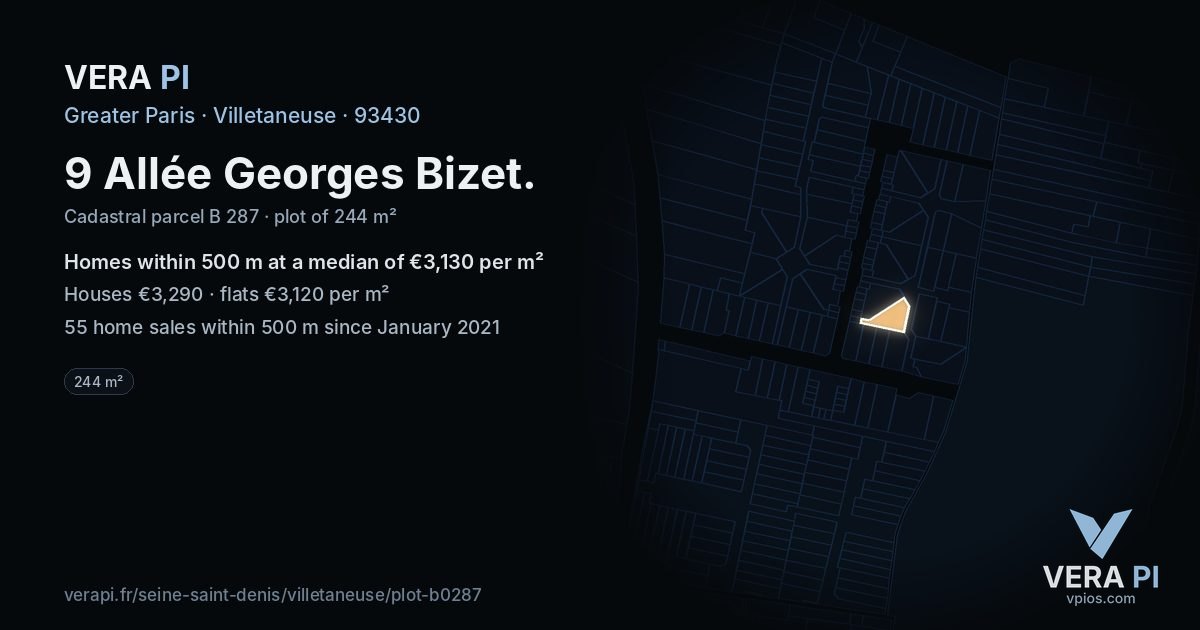 9 Allée Georges Bizet, Villetaneuse at night – the plot lit, the parcels around coloured by the prices near them