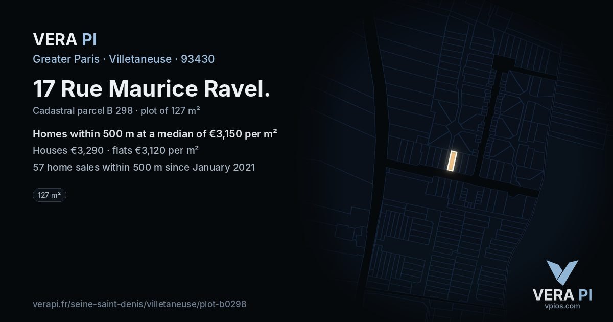 17 Rue Maurice Ravel, Villetaneuse at night – the plot lit, the parcels around coloured by the prices near them
