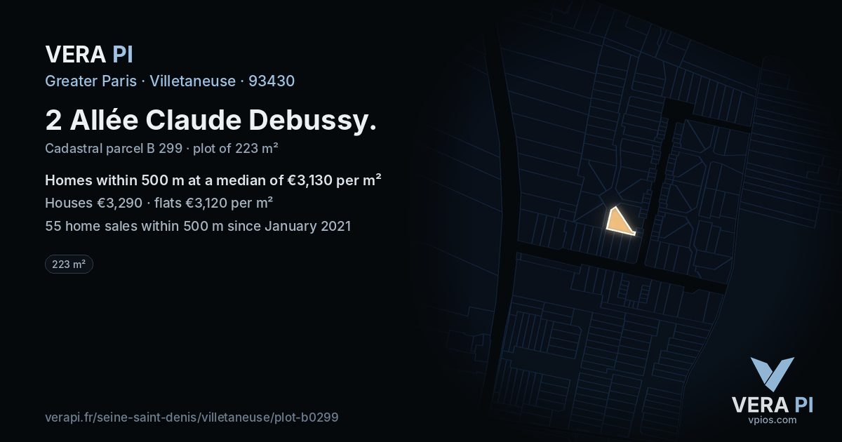 2 Allée Claude Debussy, Villetaneuse at night – the plot lit, the parcels around coloured by the prices near them