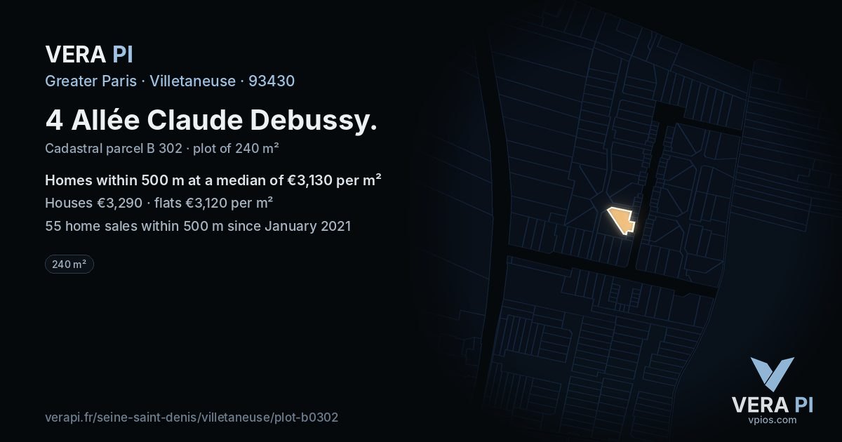 4 Allée Claude Debussy, Villetaneuse at night – the plot lit, the parcels around coloured by the prices near them