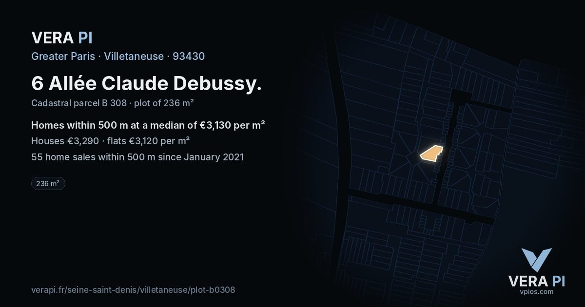6 Allée Claude Debussy, Villetaneuse at night – the plot lit, the parcels around coloured by the prices near them