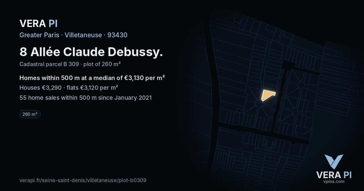 8 Allée Claude Debussy, Villetaneuse at night – the plot lit, the parcels around coloured by the prices near them