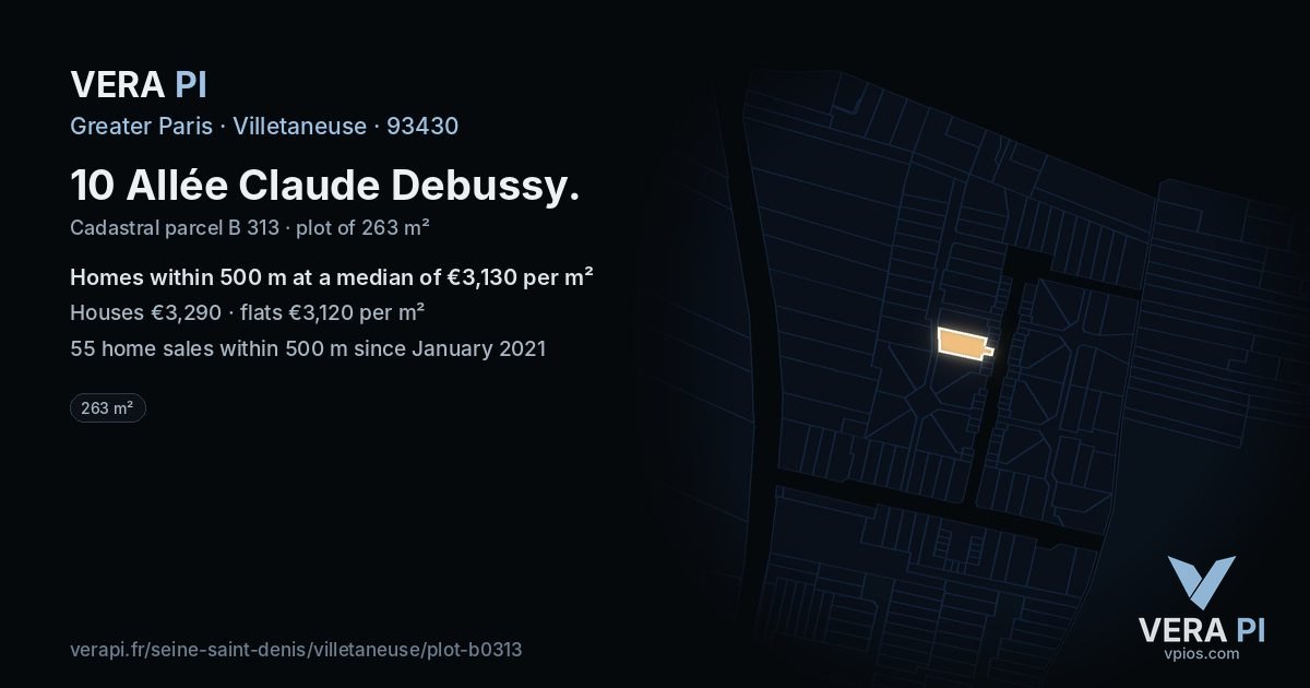10 Allée Claude Debussy, Villetaneuse at night – the plot lit, the parcels around coloured by the prices near them